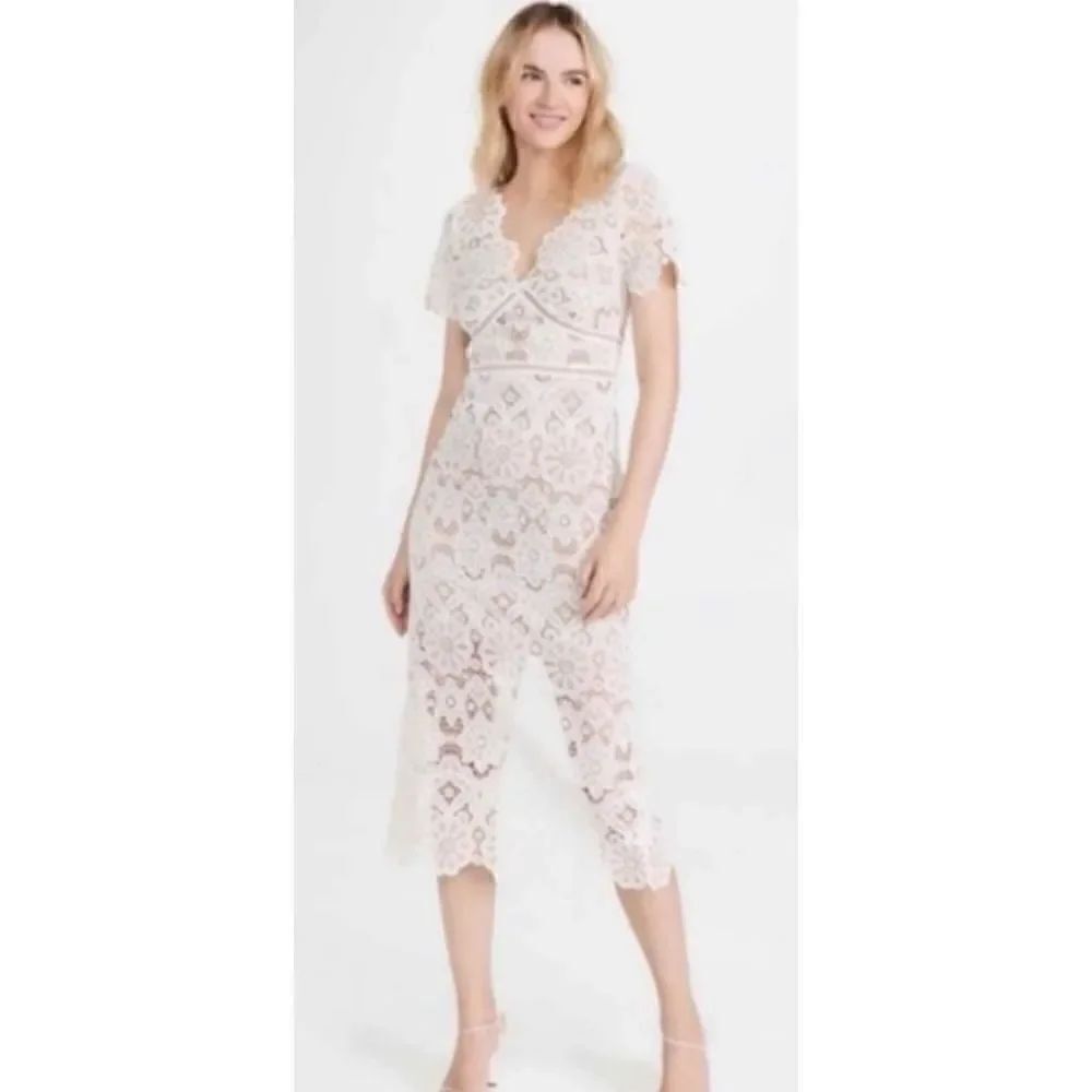Self Portrait Guipure V-Neck Lace Midi Dress in Beige NWT Size 2